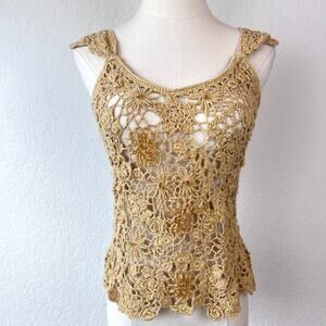 Vintage Y2K Floral Crochet Beaded Tank Top size Small Tan Fairy Whimsy